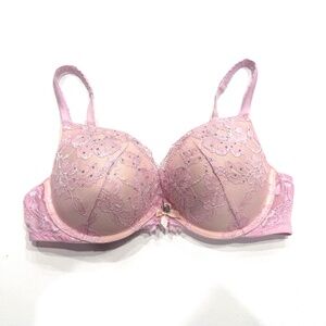 Light Pink Victoria's Secret Lace Push-up Bra Rhinestone Heart Bling Valentines